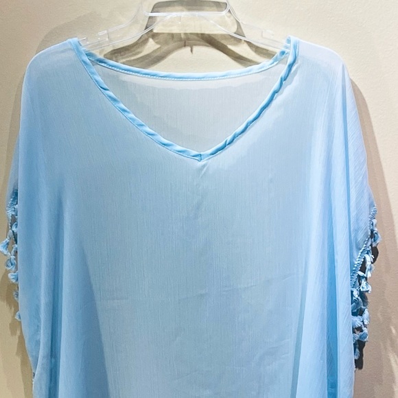 🌟2xHP🌟NWOT Blue Chiffon Pom Pom Tunic Boho Coverup - Picture 2 of 10
